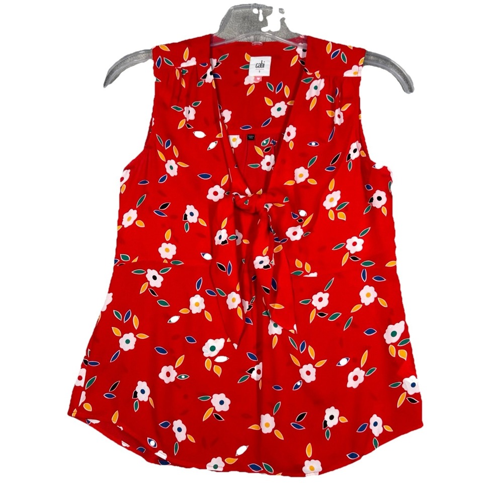 Cabi Shirt Women Small Red White Floral Flowers Tied Up Top Preppy Casual Office